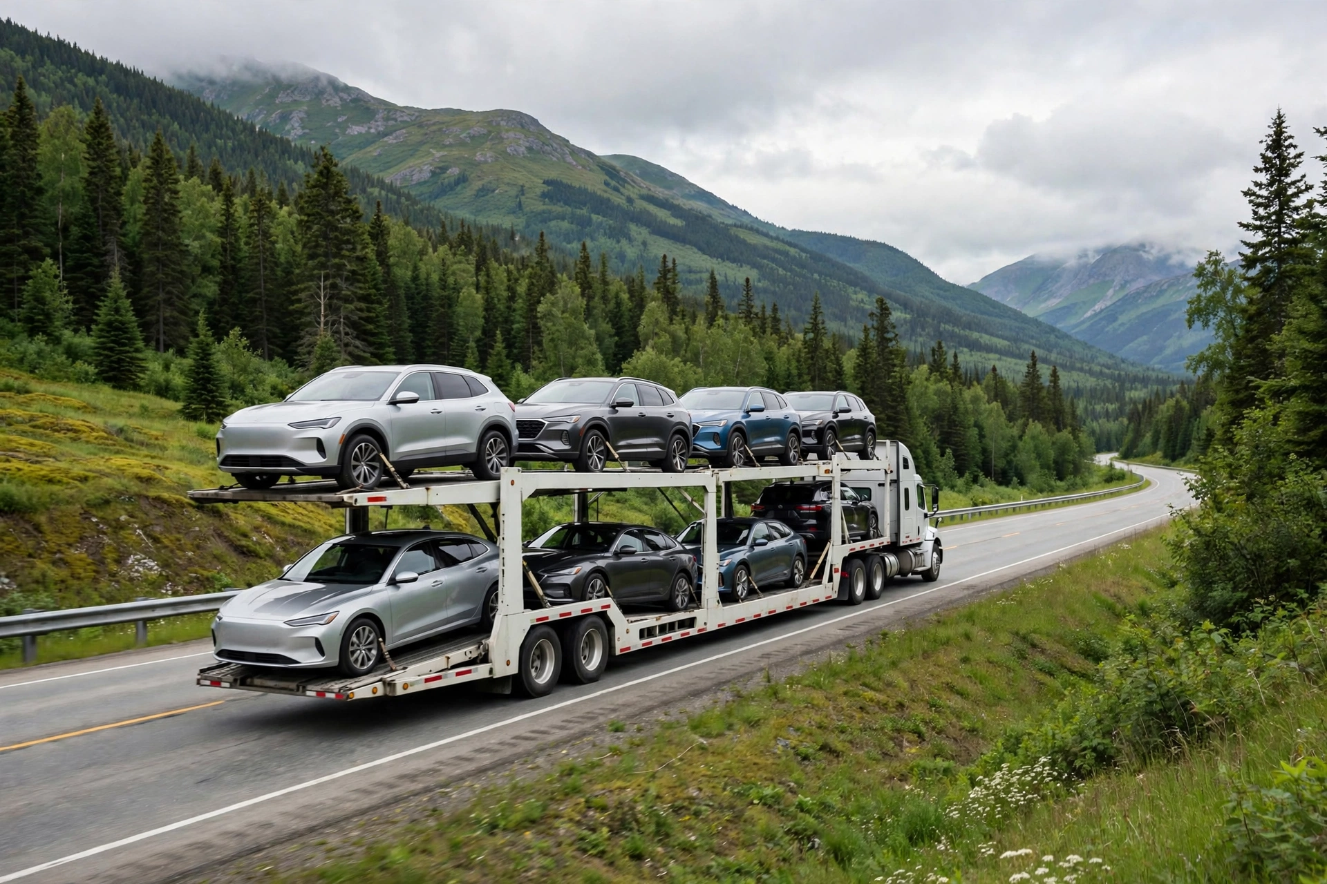 Car carrier transporting vehicles across Canada